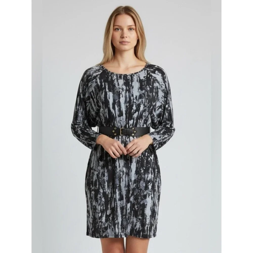 Michael Kors Blue/Black Light Academia Long-Sleeve Belted Dress Women M New